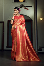 Thumbnail for Vardha Scarlet Red Zari Work Kanjeevaram Silk Saree