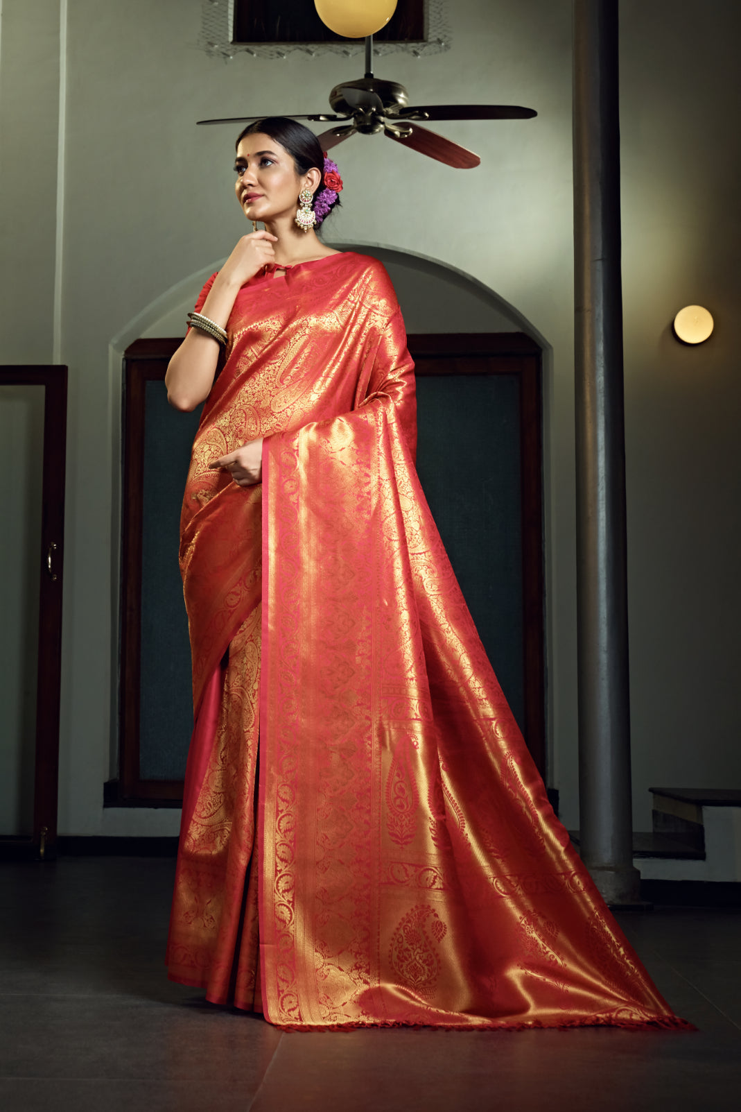 Vardha Scarlet Red Zari Work Kanjeevaram Silk Saree