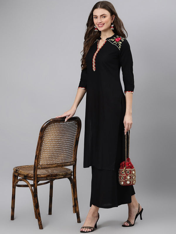 Khushal K Women Black Geometric Thread Work Kurta - Distacart