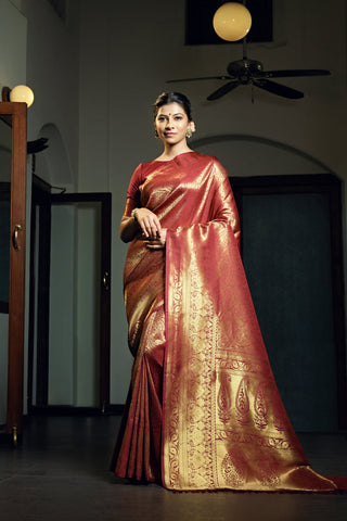 Vardha Burgundy Maroon Zari Work Kanjeevaram Silk Saree