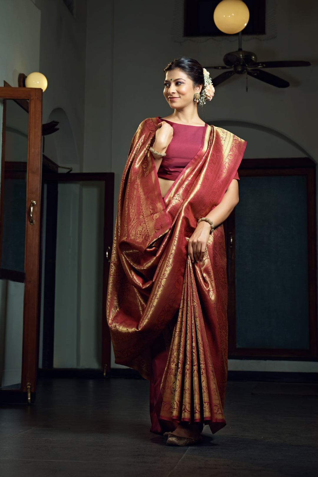 Vardha Burgundy Maroon Zari Work Kanjeevaram Silk Saree