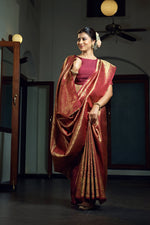 Thumbnail for Vardha Burgundy Maroon Zari Work Kanjeevaram Silk Saree