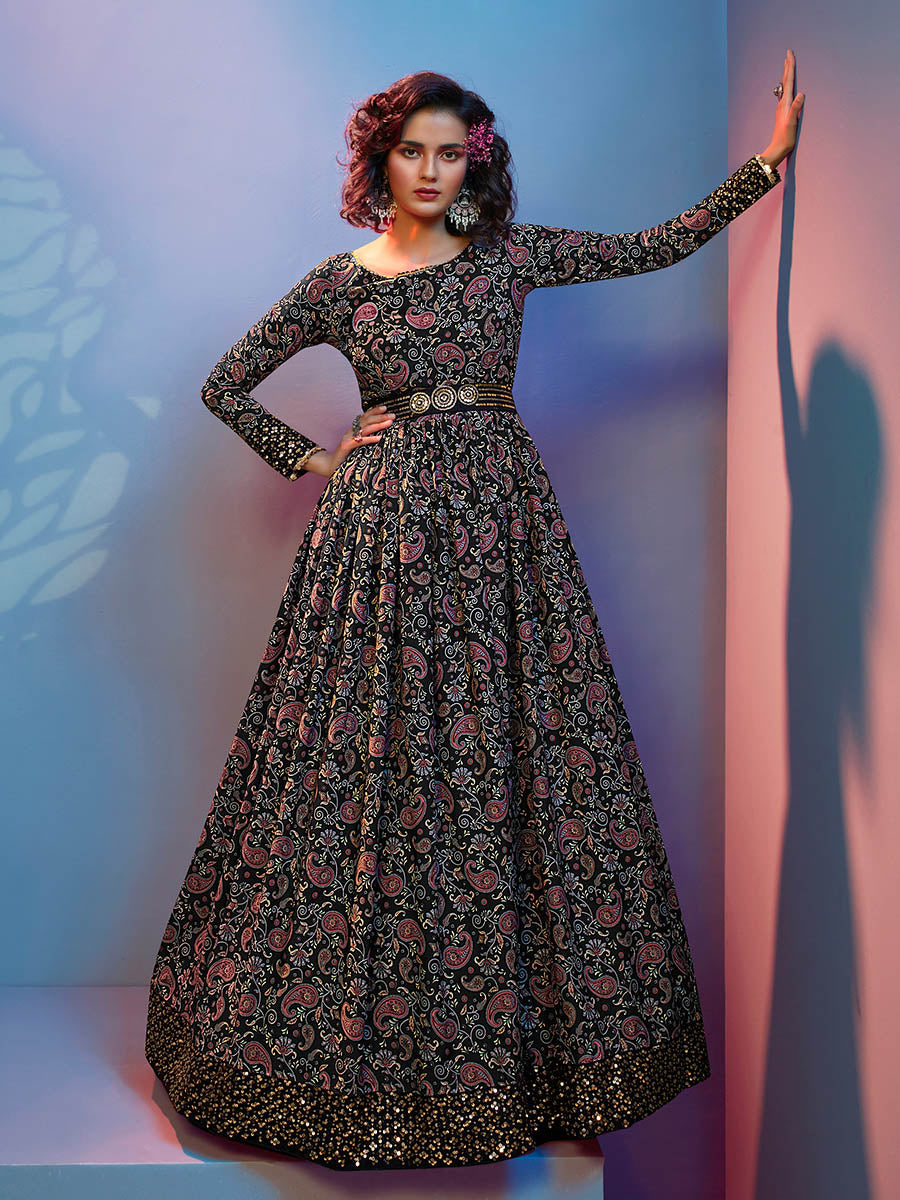 Myra Black Natural Crepe Printed Embroidered Gown - Distacart