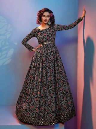 Myra Black Natural Crepe Printed Embroidered Gown - Distacart