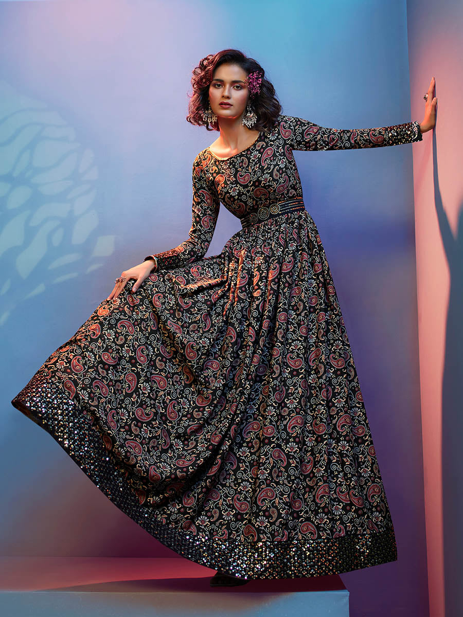 Myra Black Natural Crepe Printed Embroidered Gown - Distacart