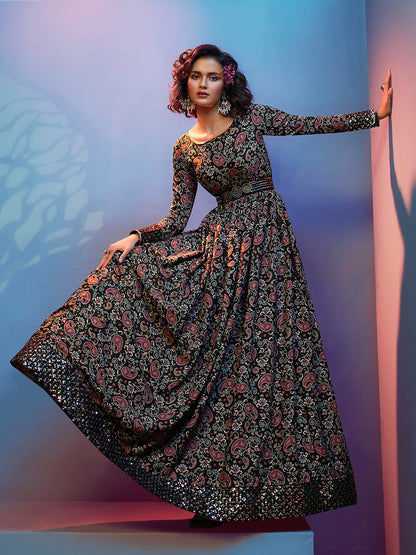 Myra Black Natural Crepe Printed Embroidered Gown - Distacart