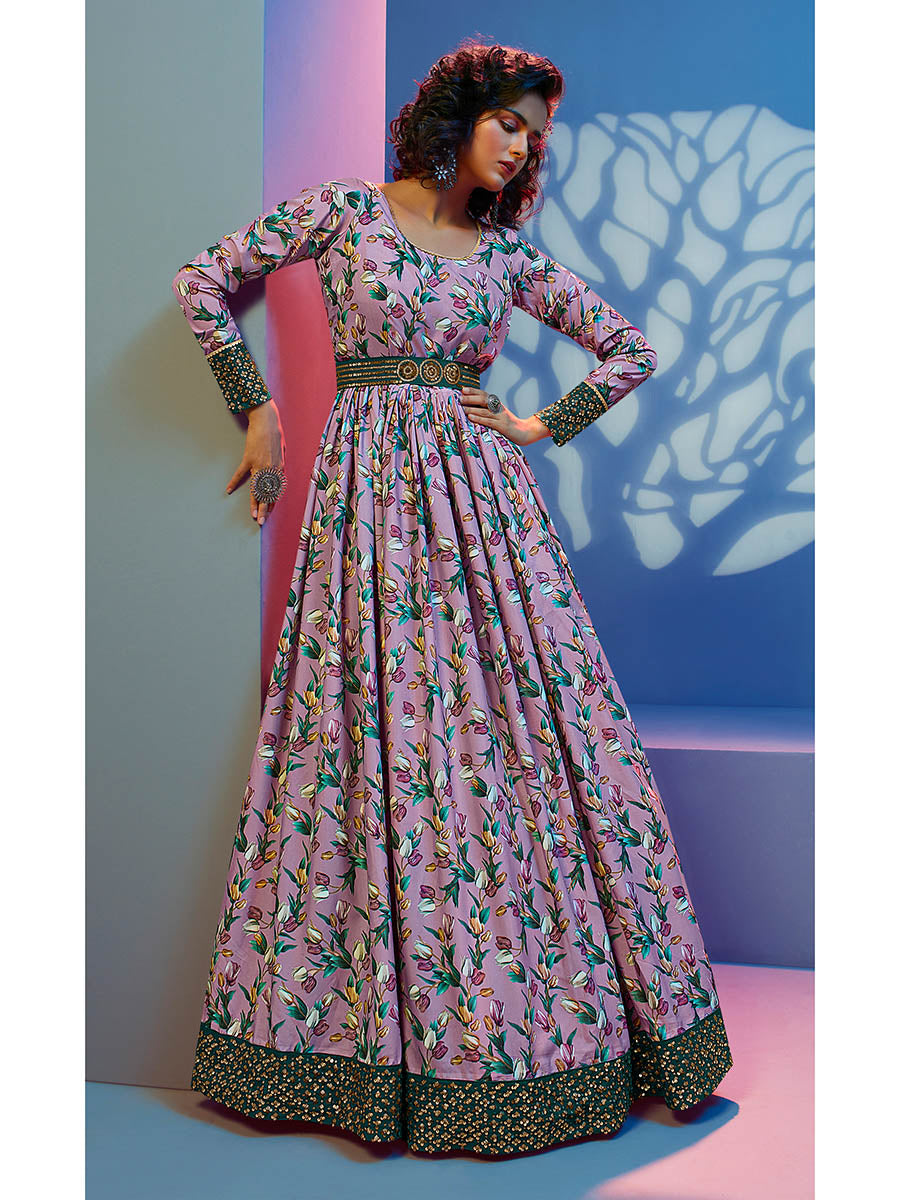 Myra Lavender Natural Crepe Printed Embroidered Gown - Distacart