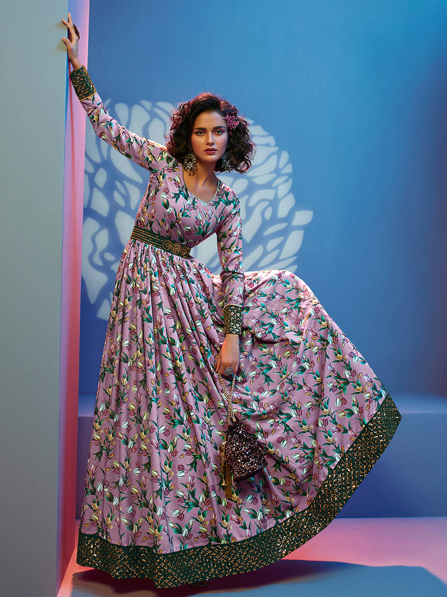 Myra Lavender Natural Crepe Printed Embroidered Gown - Distacart