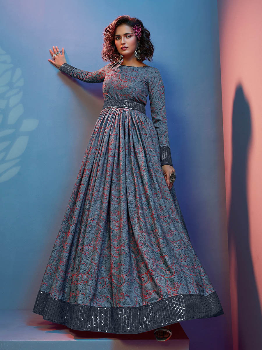 Myra Grey Crepe Printed Embroidered Gown - Distacart