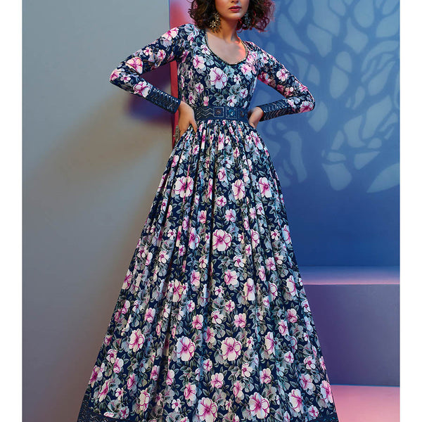 Myra Blue Natural Crepe Printed Embroidered Gown - Distacart