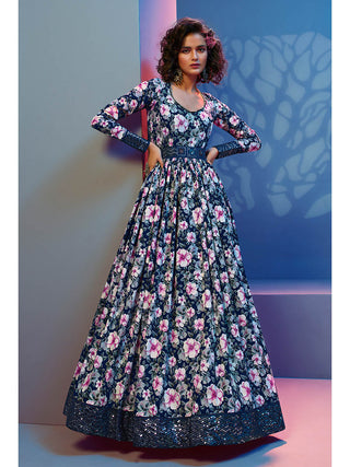 Myra Blue Natural Crepe Printed Embroidered Gown - Distacart