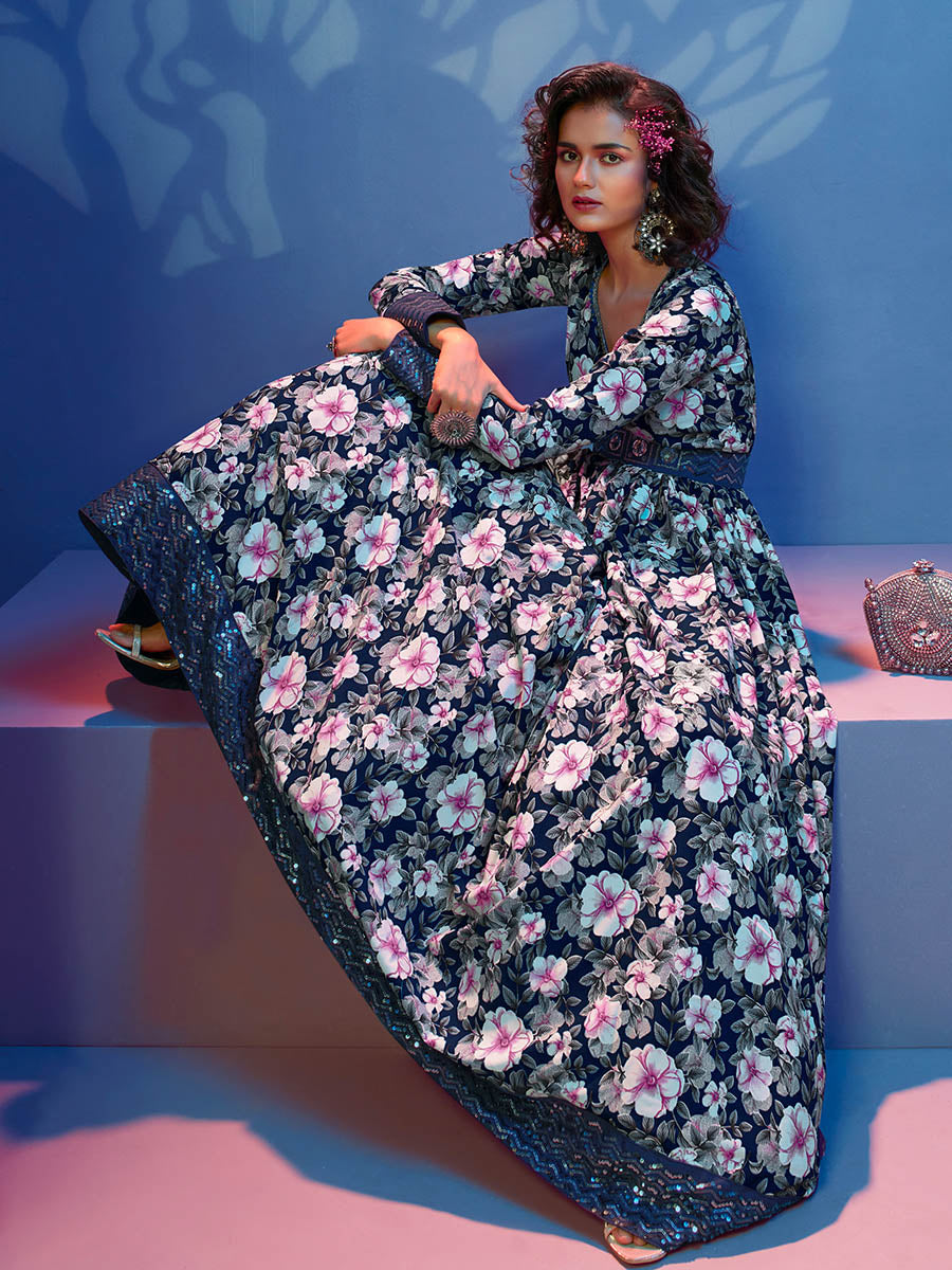 Myra Blue Natural Crepe Printed Embroidered Gown - Distacart