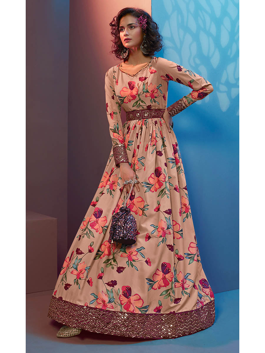 Myra Peach Natural Crepe Printed Embroidered Gown - Distacart