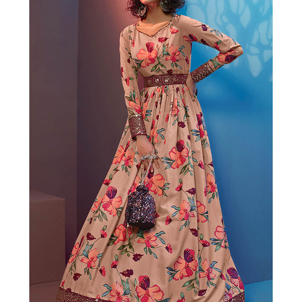 Myra Peach Natural Crepe Printed Embroidered Gown - Distacart