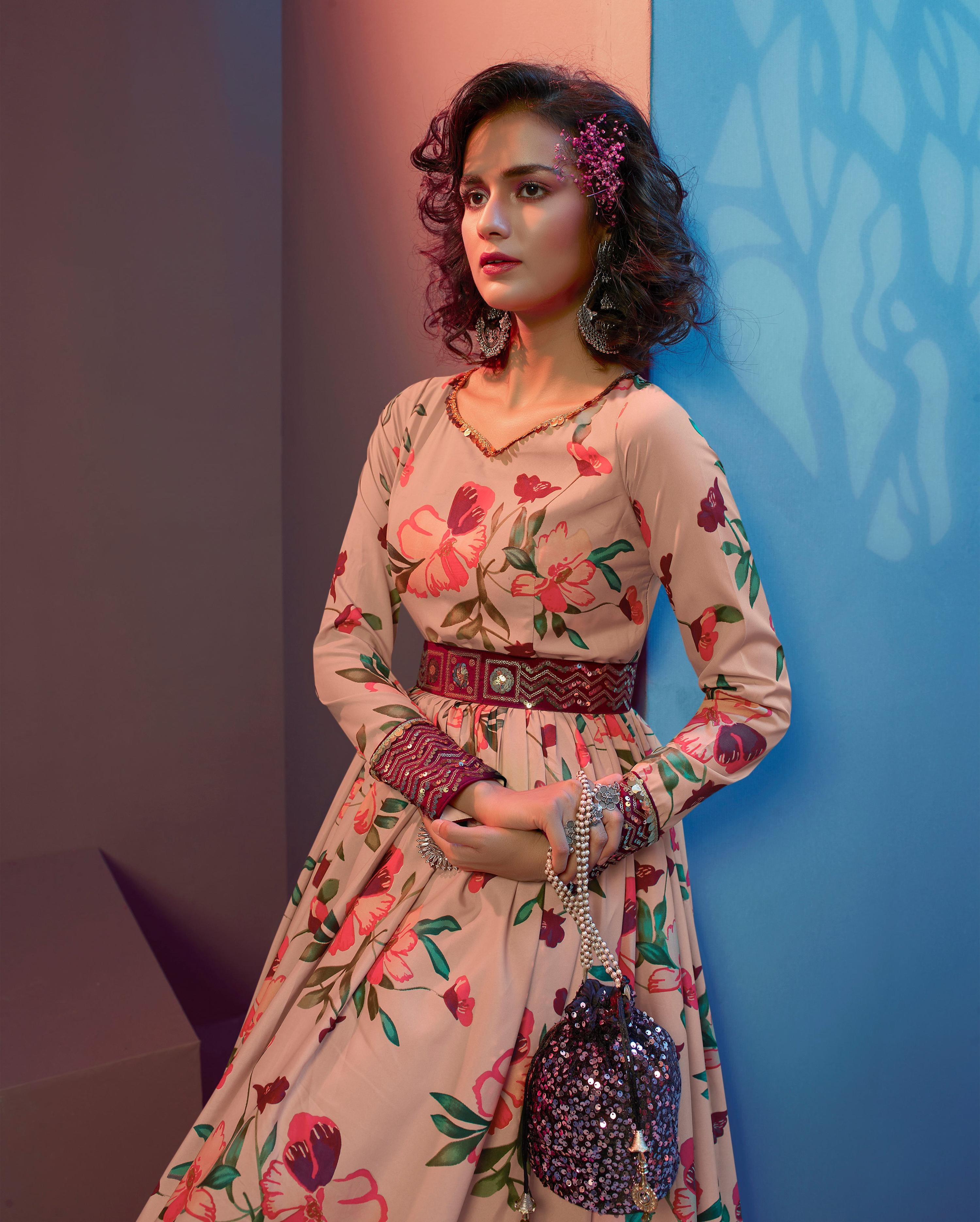 Myra Peach Natural Crepe Printed Embroidered Gown - Distacart