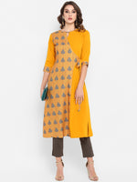 Thumbnail for Janasya Mustard Yellow & Blue Printed A-Line Kurta - Distacart
