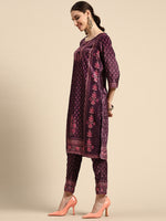 Thumbnail for Sangria Women Burgundy & Pink Ethnic Motifs Printed Kurta with Trousers - Distacart