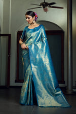 Thumbnail for Vardha Sky Blue Zari Work Kanjeevaram Silk Saree
