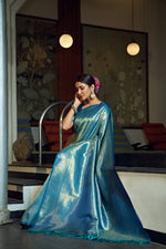 Thumbnail for Vardha Sky Blue Zari Work Kanjeevaram Silk Saree
