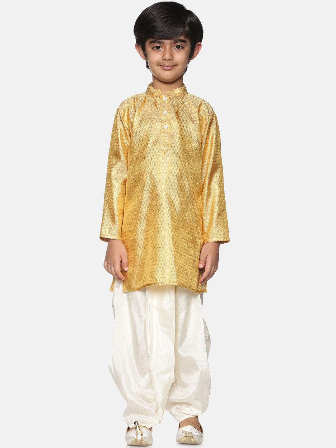 Sethukrishna Boys Gold-Toned & Off White Woven Design Kurta with Dhoti Pants - Distacart