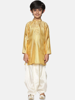 Sethukrishna Boys Gold-Toned & Off White Woven Design Kurta with Dhoti Pants - Distacart