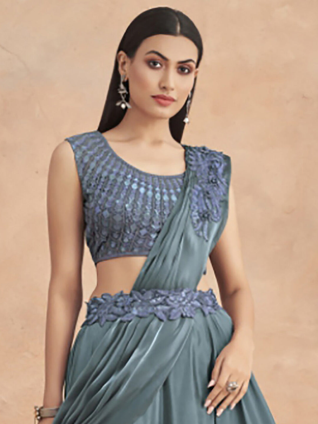 Mitera Grey Embroidered Satin Lehenga Saree - Distacart
