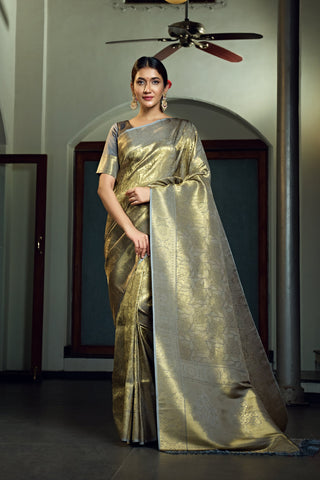 Vardha Platinumm Grey Zari Work Kanjeevaram Silk Saree
