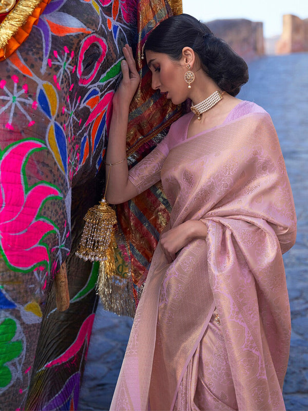 Mitera Lavender & Gold-Toned Woven Design Zari Silk Blend Banarasi Saree - Distacart