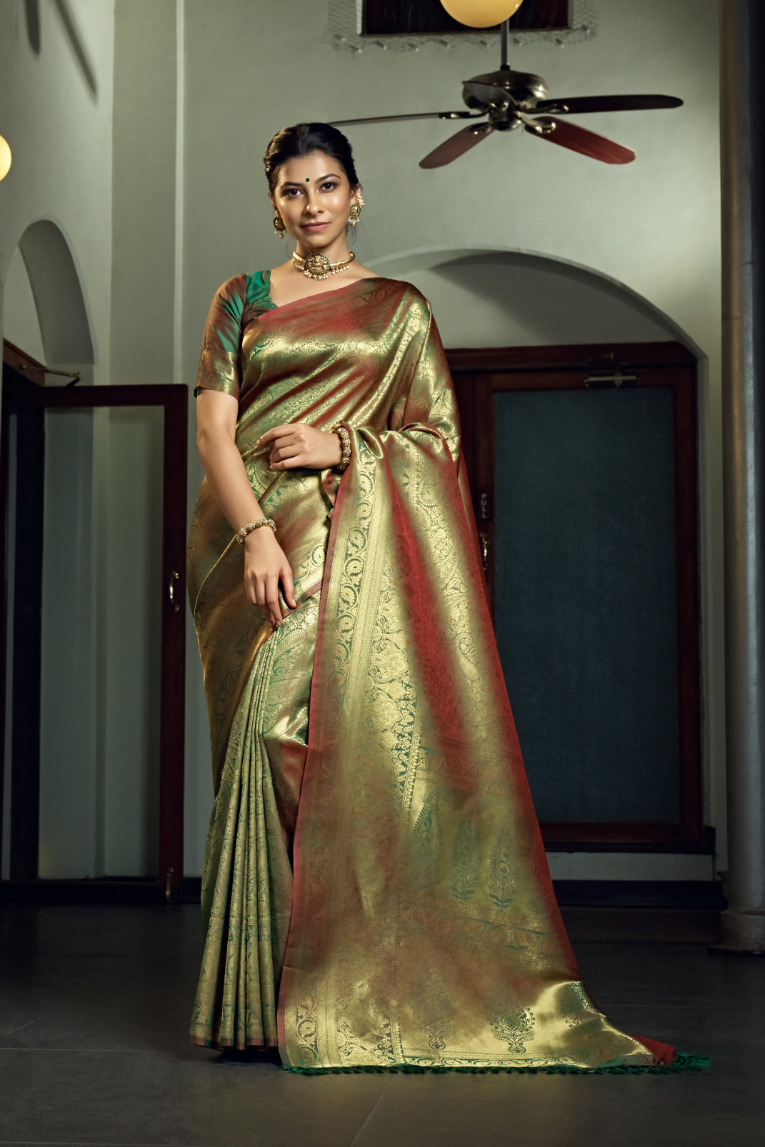 Vardha Olive Green Zari Work Kanjeevaram Silk Saree