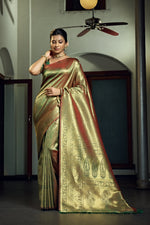 Thumbnail for Vardha Olive Green Zari Work Kanjeevaram Silk Saree