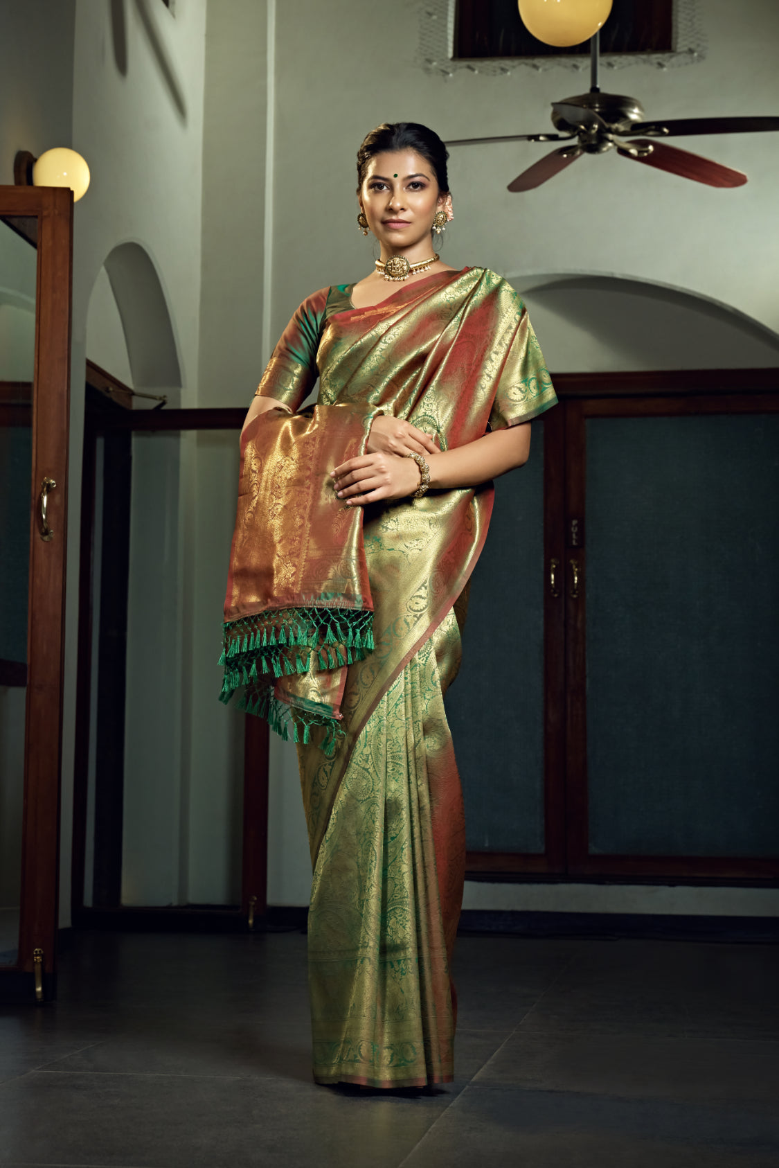 Vardha Olive Green Zari Work Kanjeevaram Silk Saree