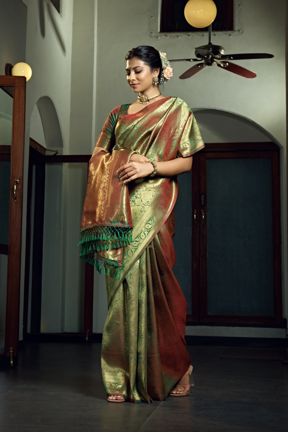 Vardha Olive Green Zari Work Kanjeevaram Silk Saree