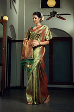 Thumbnail for Vardha Olive Green Zari Work Kanjeevaram Silk Saree