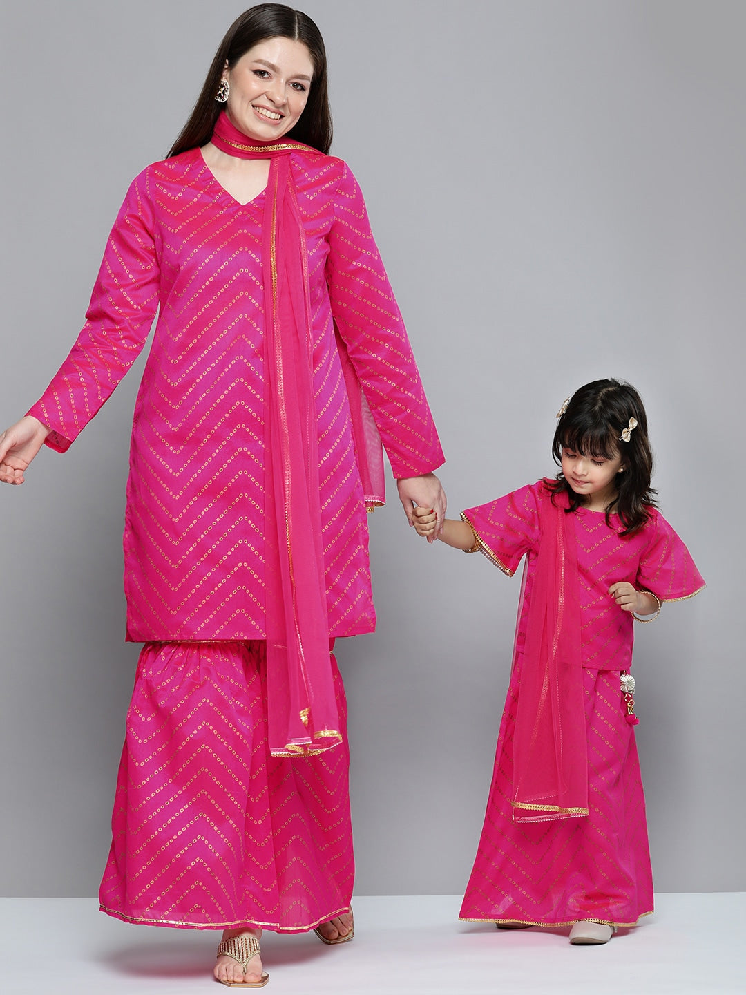 HERE&NOW Women Pink Ethnic Motifs Printed Gotta Patti Kurta with Sharara With Dupatta - Distacart