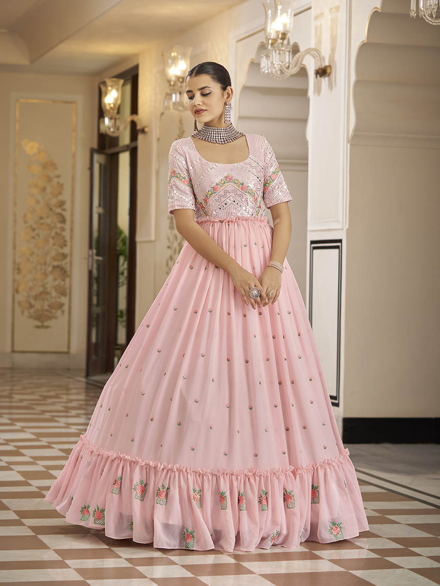 Myra Pink Georgette Embroidered Gown - Distacart