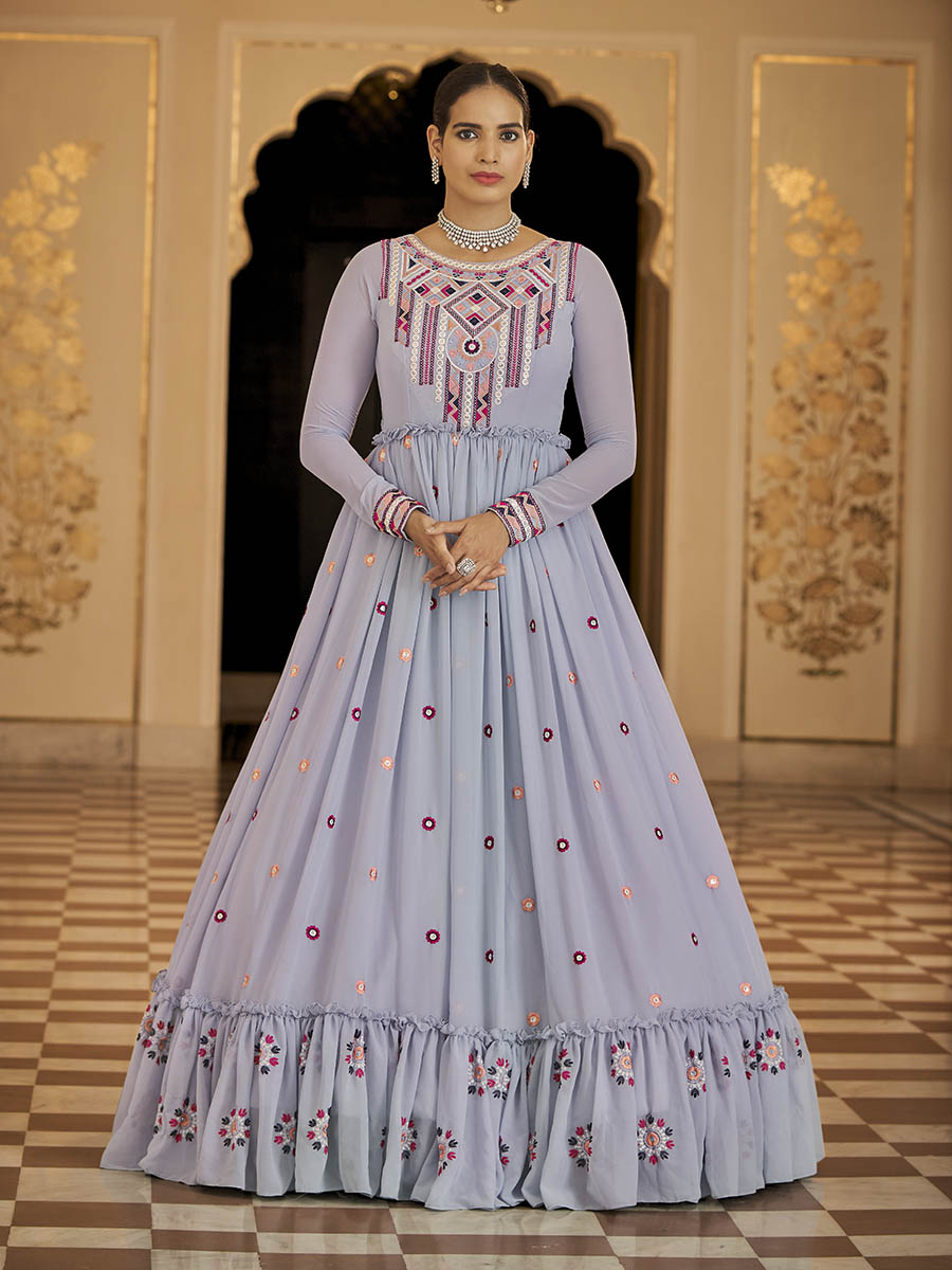 Myra Light Blue Georgette Embroidered Gown - Distacart