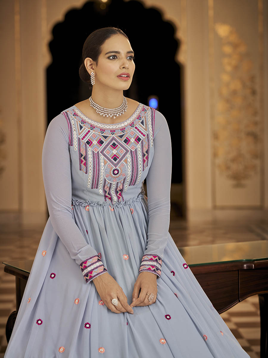 Myra Light Blue Georgette Embroidered Gown - Distacart