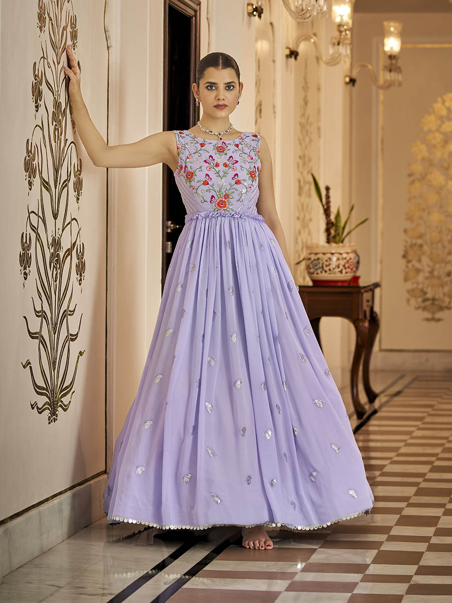 Myra Lavender Georgette Embroidered Gown - Distacart