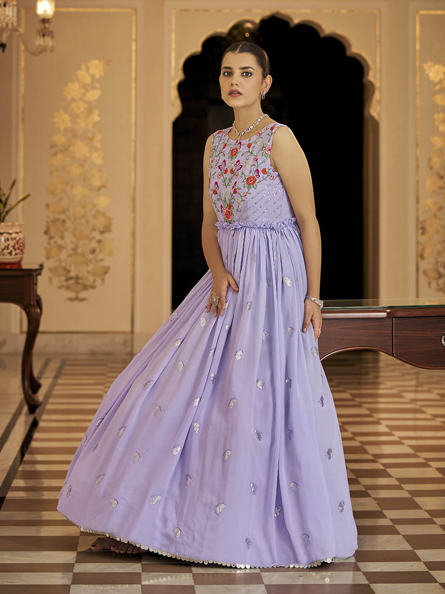 Myra Lavender Georgette Embroidered Gown - Distacart
