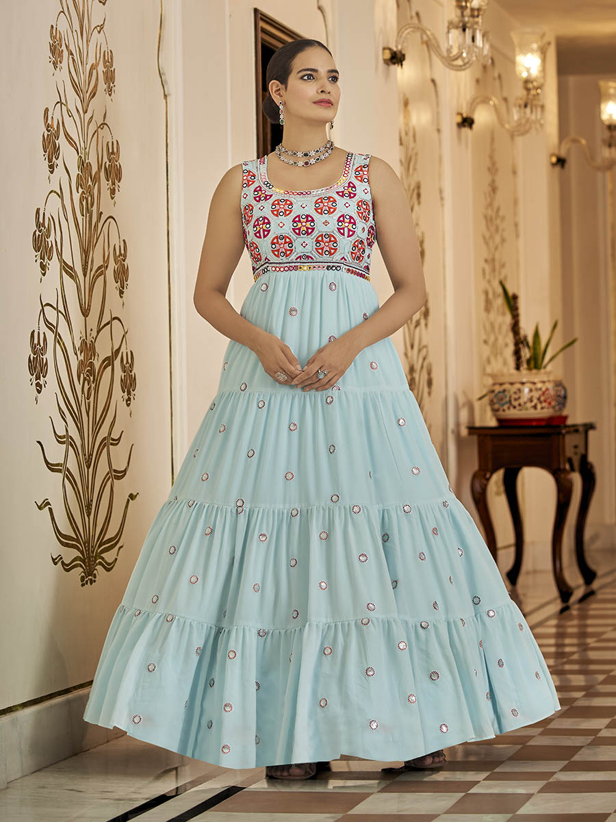 Myra Sky Blue Georgette Embroidered Gown - Distacart