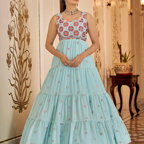Myra Sky Blue Georgette Embroidered Gown - Distacart