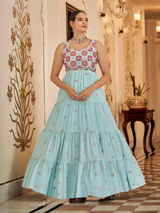 Myra Sky Blue Georgette Embroidered Gown - Distacart