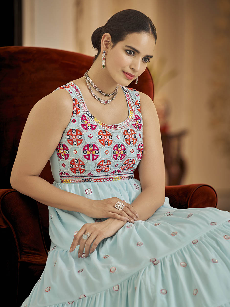 Myra Sky Blue Georgette Embroidered Gown - Distacart