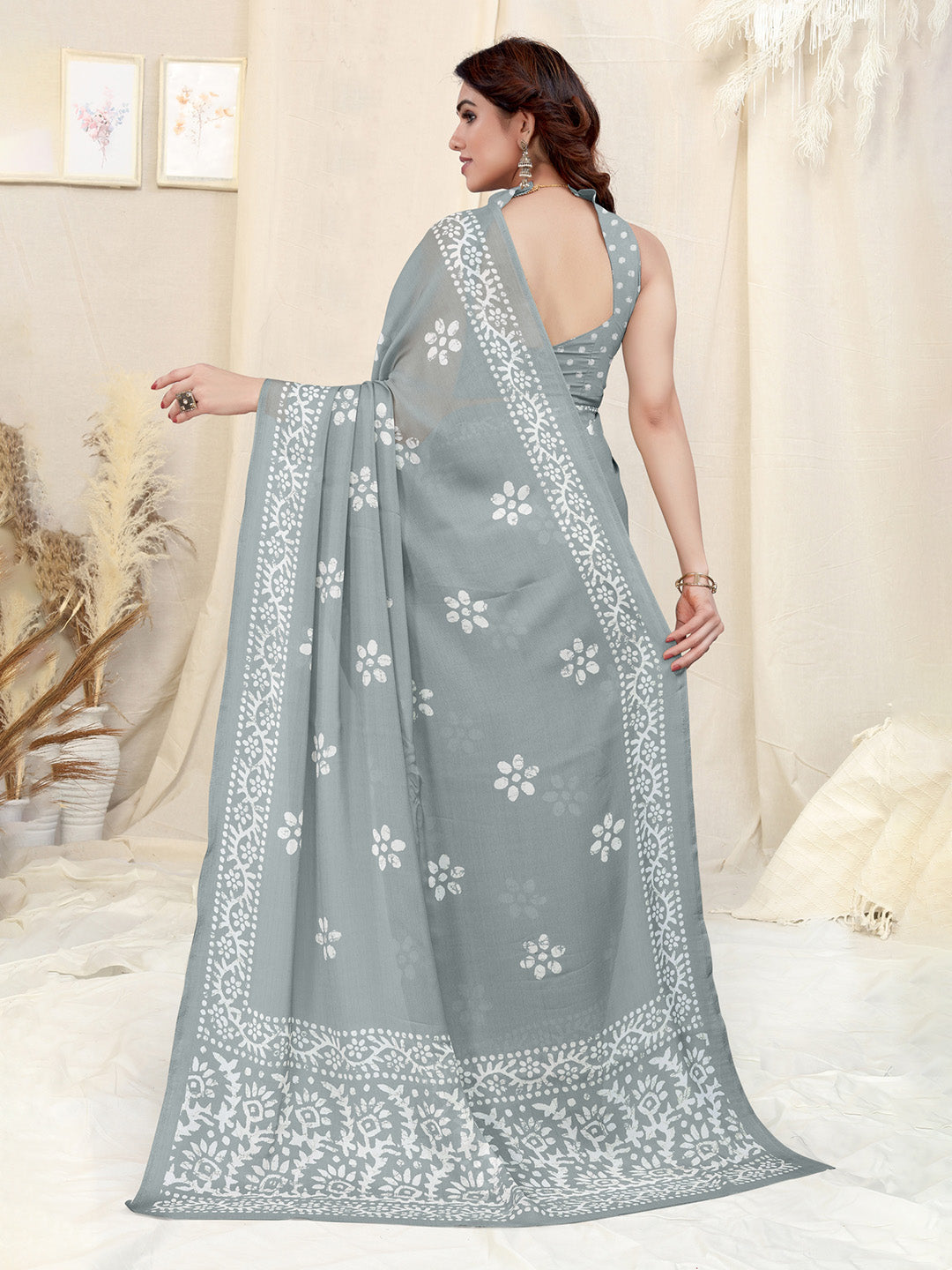 Kalini Batik Poly Chiffon Block Print Saree With Blouse Piece - Distacart