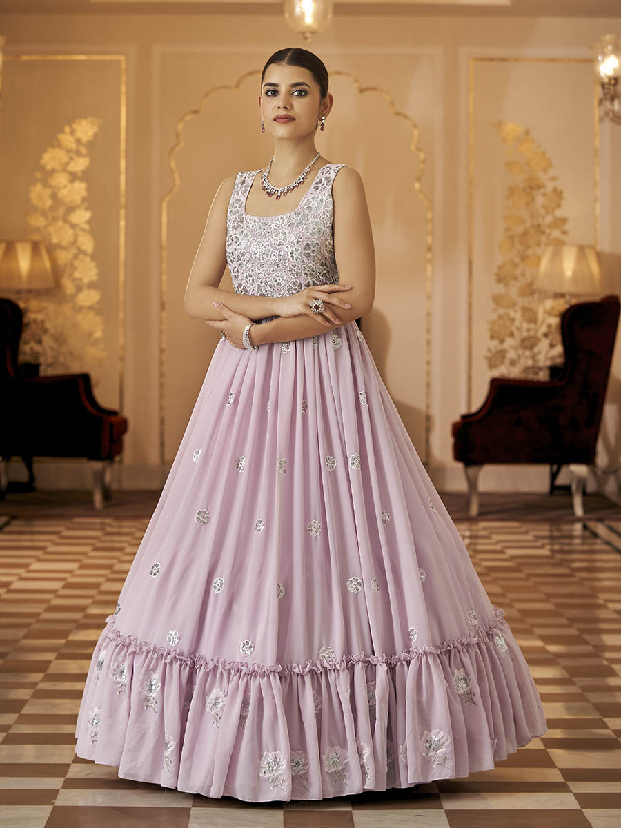 Myra Dusty Pink Georgette Embroidered Gown - Distacart