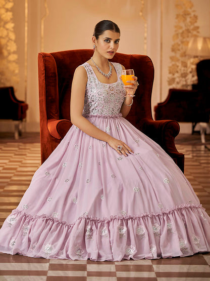 Myra Dusty Pink Georgette Embroidered Gown - Distacart