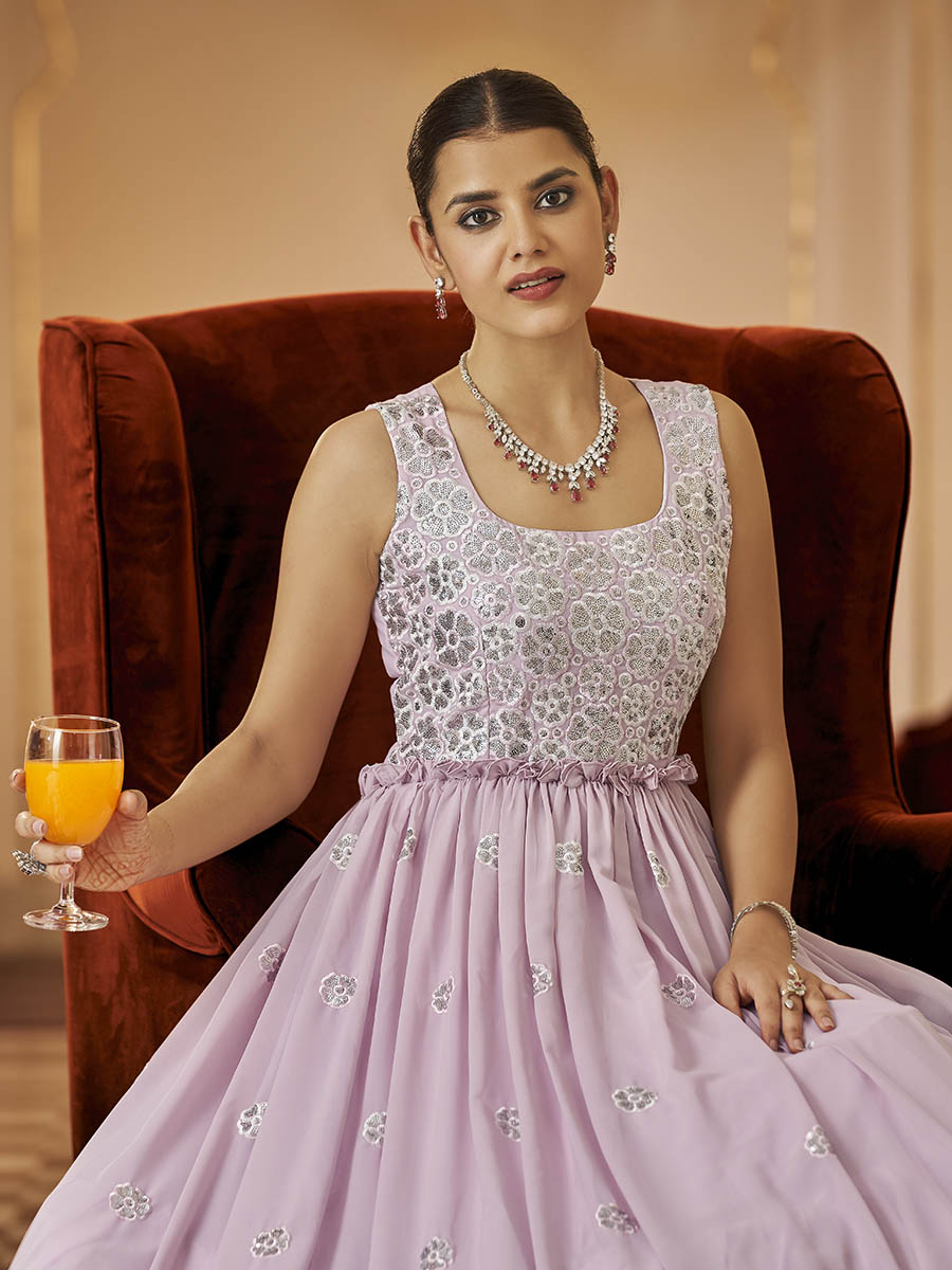 Myra Dusty Pink Georgette Embroidered Gown - Distacart