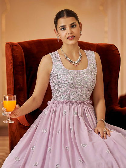 Myra Dusty Pink Georgette Embroidered Gown - Distacart