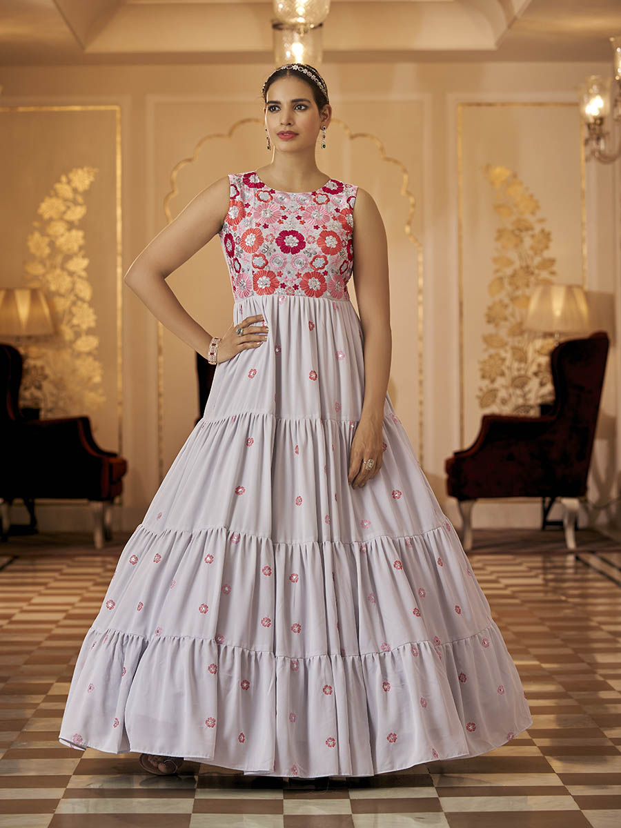 Myra Grey Georgette Embroidered Gown - Distacart