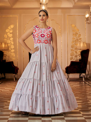 Myra Grey Georgette Embroidered Gown - Distacart